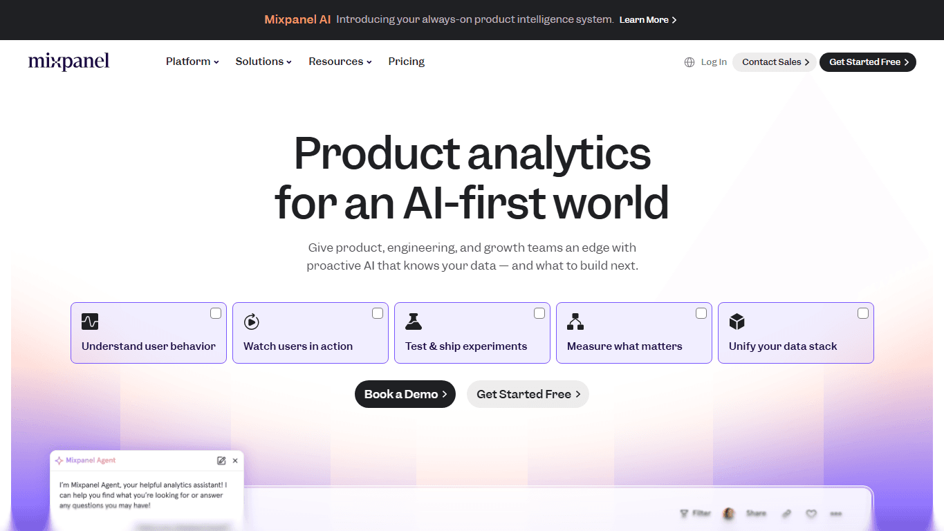 Mixpanel homepage screenshot of the official website interface
