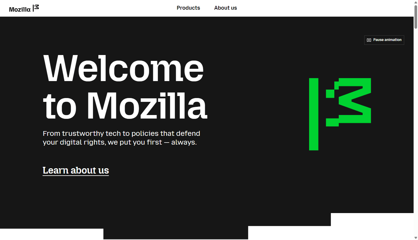 Mozilla homepage screenshot showing the Welcome to Mozilla headline, products and about navigation, learn about us link, and green M24 brand mark.