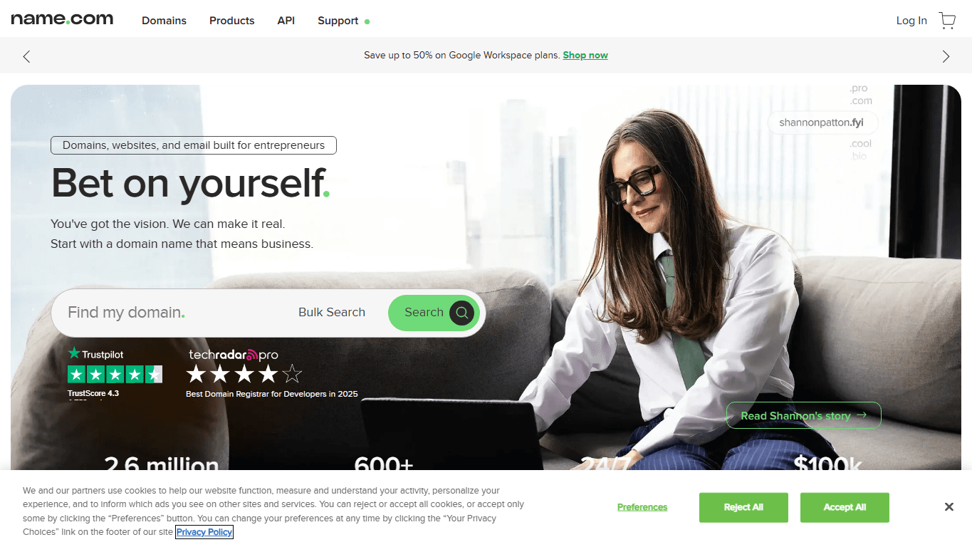 Name.com homepage screenshot of the official website interface