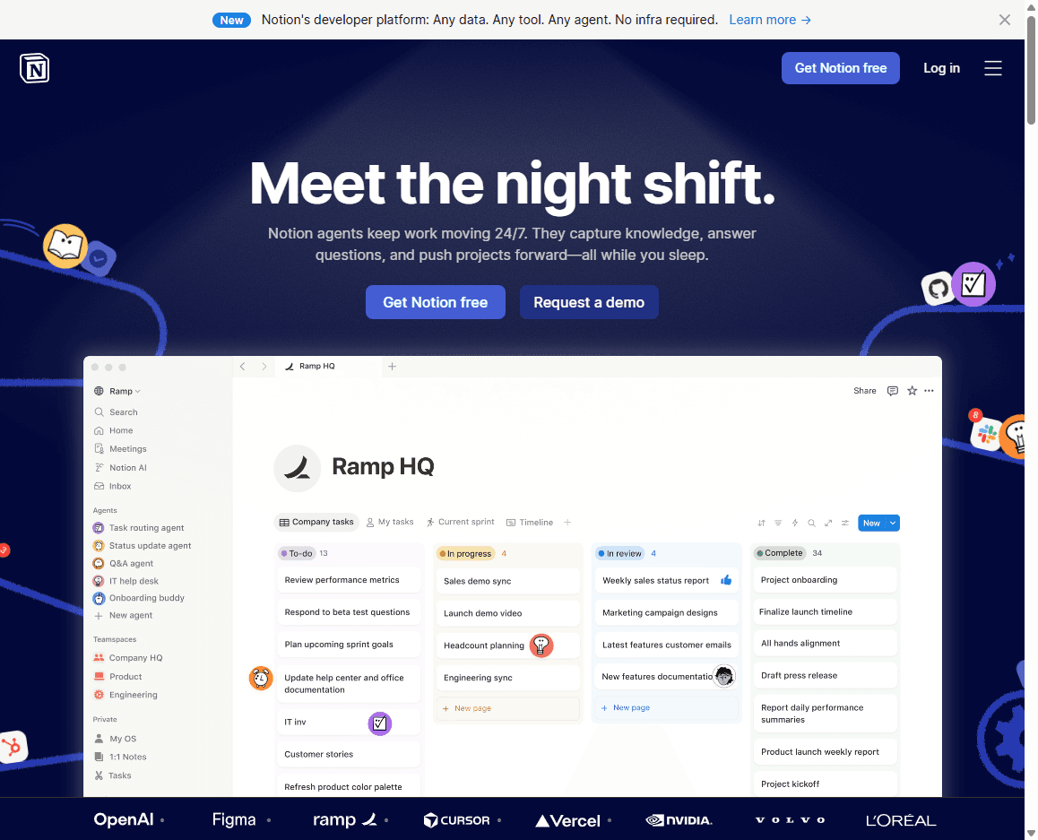 Notion homepage screenshot showing the workspace product hero, navigation, and productivity message.