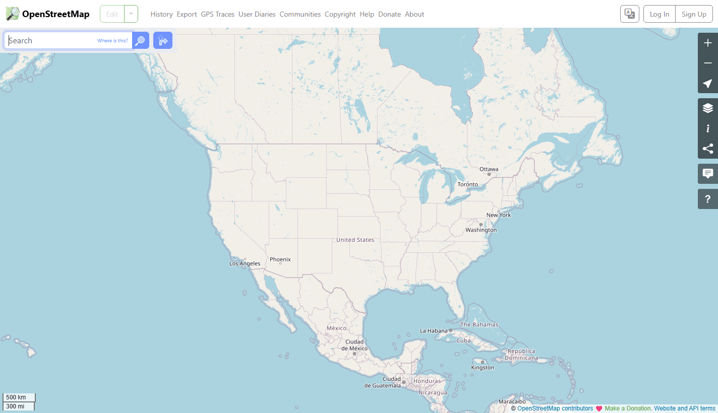 OpenStreetMap homepage screenshot showing the interactive map interface, search box, navigation links, zoom controls, and North America map view.