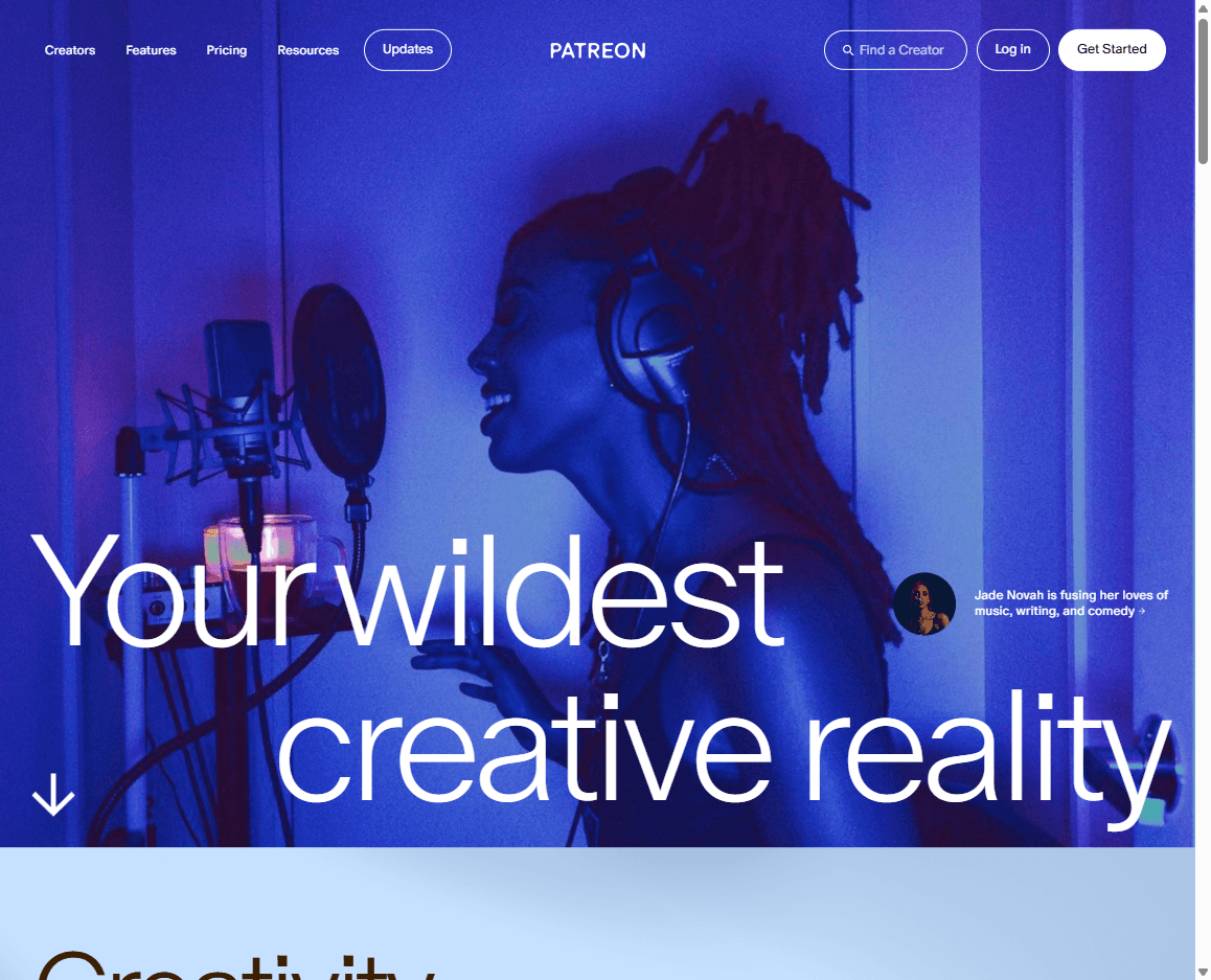Patreon homepage screenshot showing the creator membership platform hero, navigation, and start-page controls.