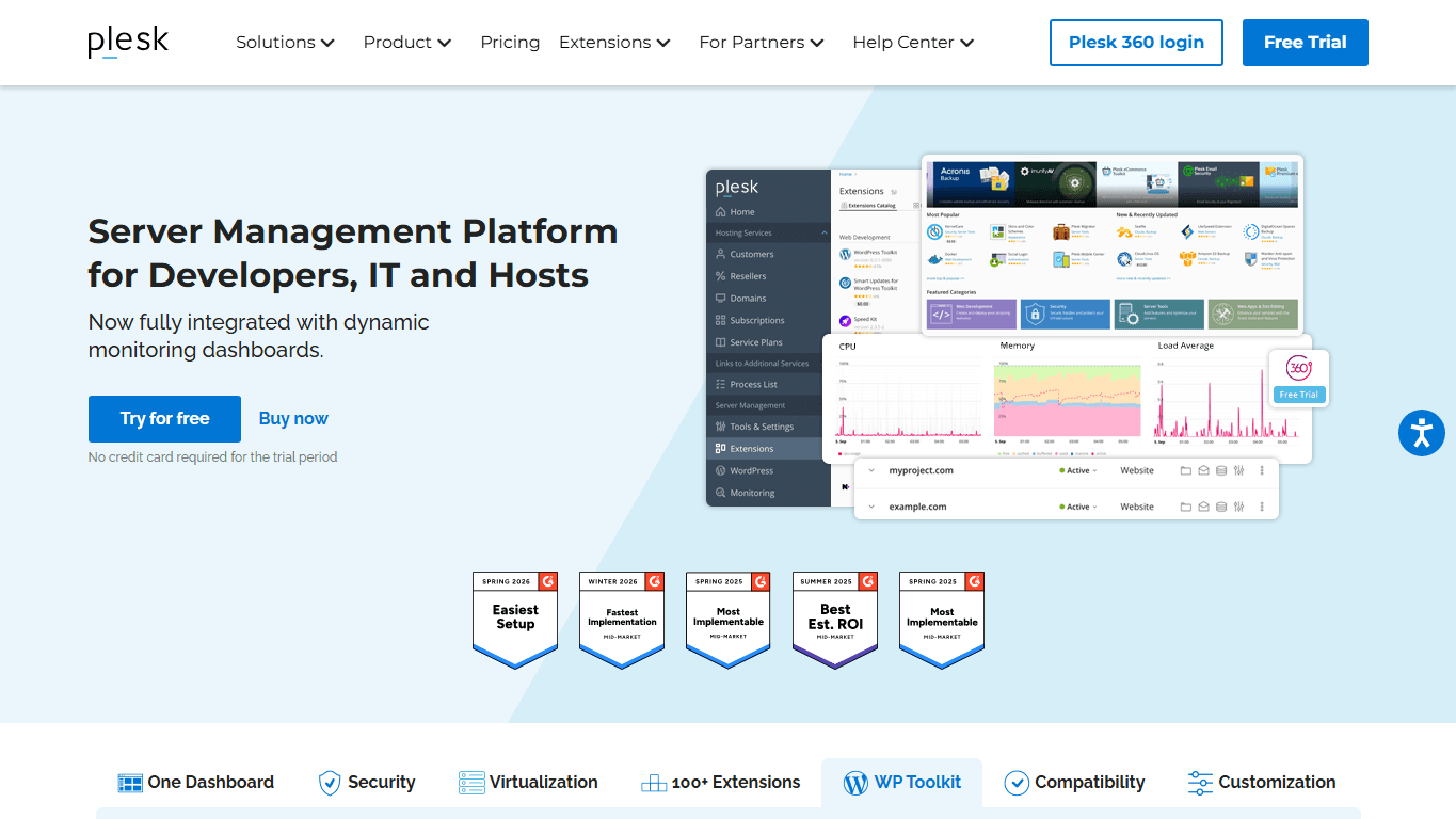 Plesk homepage screenshot of the official website interface