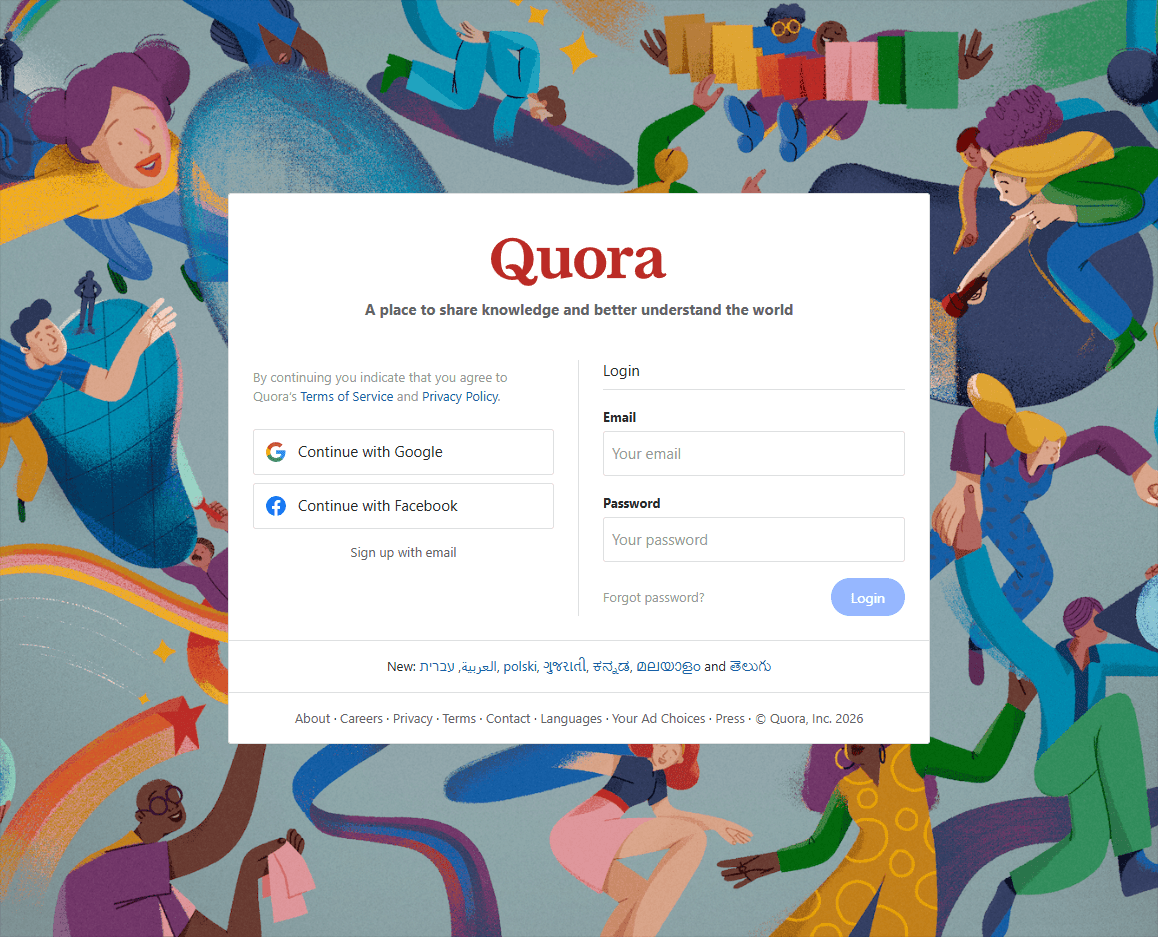 Quora homepage screenshot showing the question-and-answer platform login, sign-up options, and language controls.