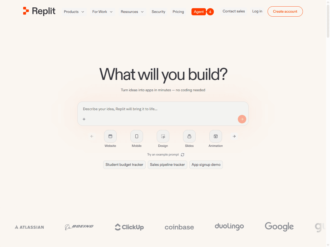 Replit homepage screenshot showing browser-based coding, AI app building, collaborative development, deployment, and online workspaces.
