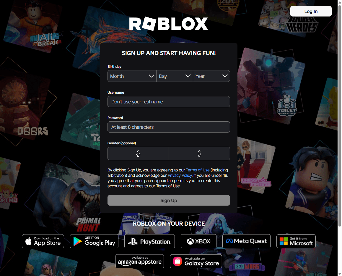 Roblox homepage screenshot showing the sign-up form, login controls, and game platform entry point.