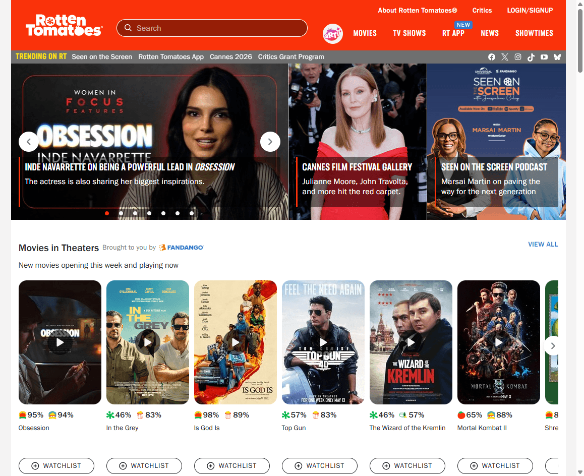 Rotten Tomatoes homepage screenshot showing the movie review site search, navigation, and entertainment scores.