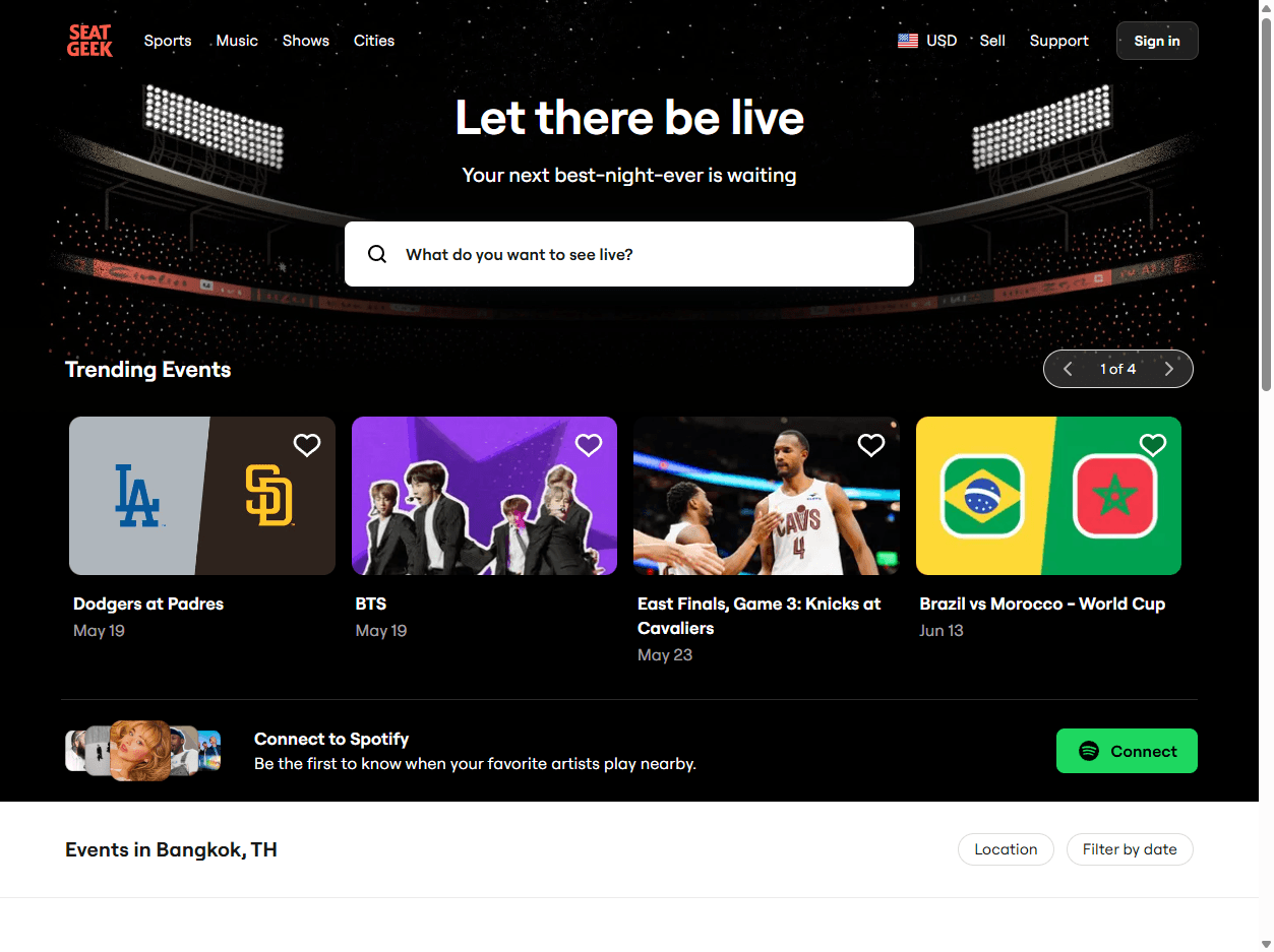 SeatGeek homepage screenshot showing ticket search for concerts, sports, theater, festivals, and live entertainment events.