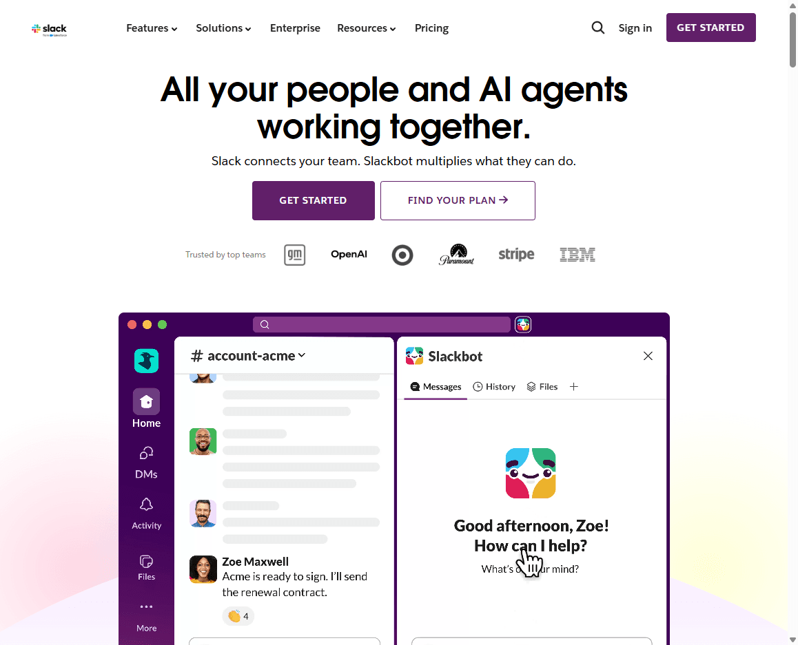 Slack homepage screenshot showing the work messaging platform hero, navigation, and sign-up controls.