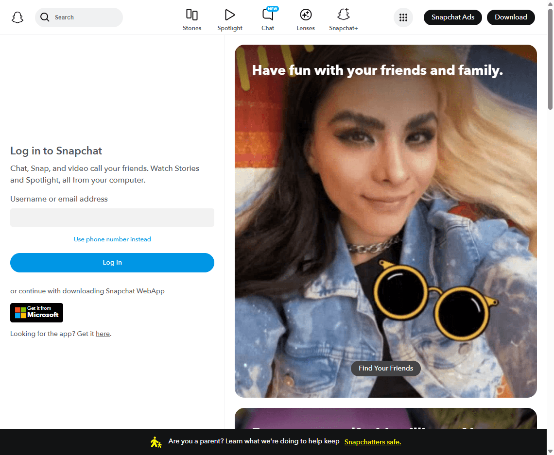 Snapchat homepage screenshot showing the camera-centered social app message, app preview, and download controls.