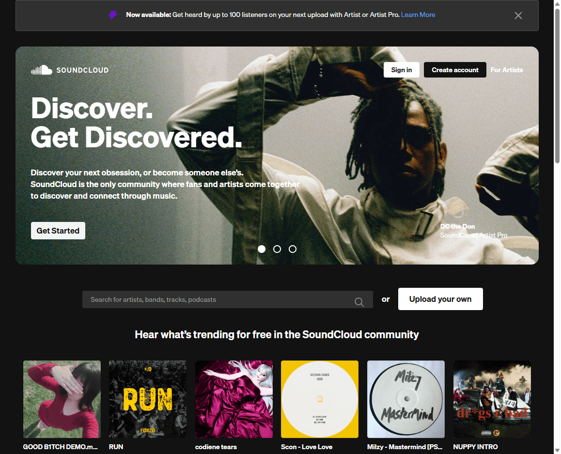 SoundCloud homepage screenshot showing the audio platform search, sign-in controls, and music discovery message.