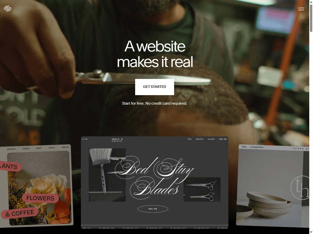 Squarespace homepage screenshot showing website building, templates, ecommerce, domains, scheduling, and online business tools.