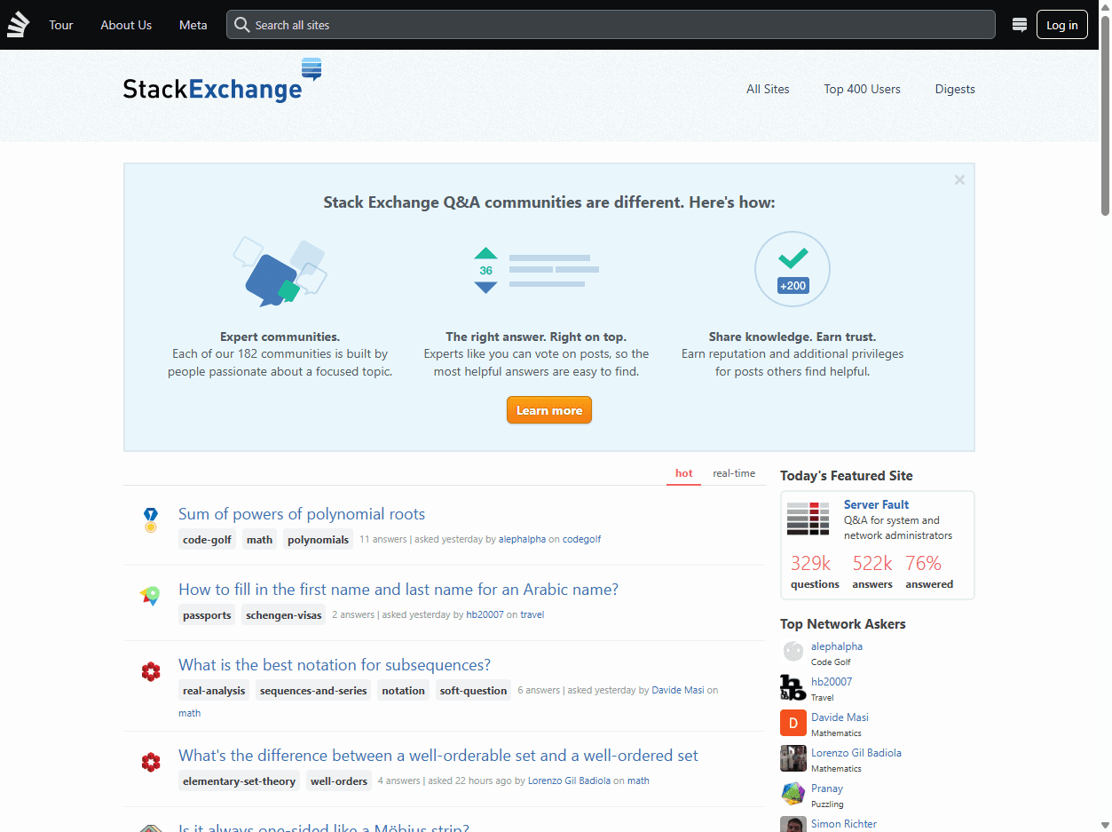 Stack Exchange homepage screenshot showing a network of question-and-answer communities and searchable expert knowledge.