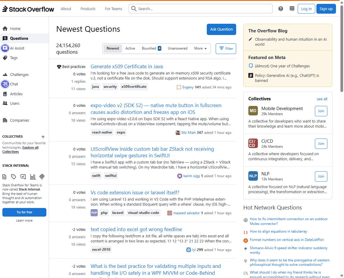 Stack Overflow homepage screenshot showing the developer question-and-answer platform, search, and community navigation.