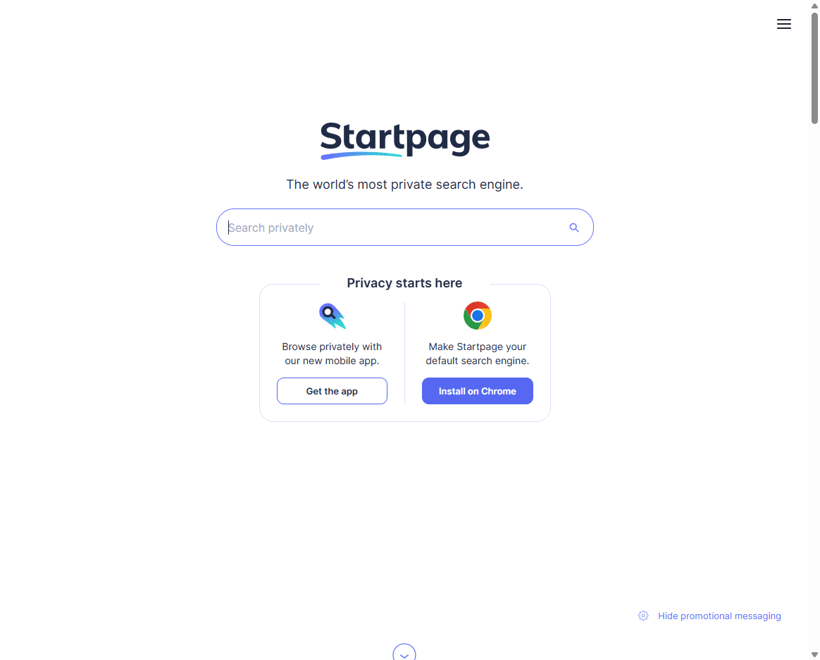Startpage homepage screenshot showing the Startpage logo, private search box, and privacy message.