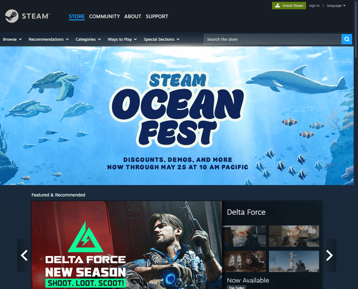 Steam homepage screenshot showing the game store interface, navigation, search, and featured games.