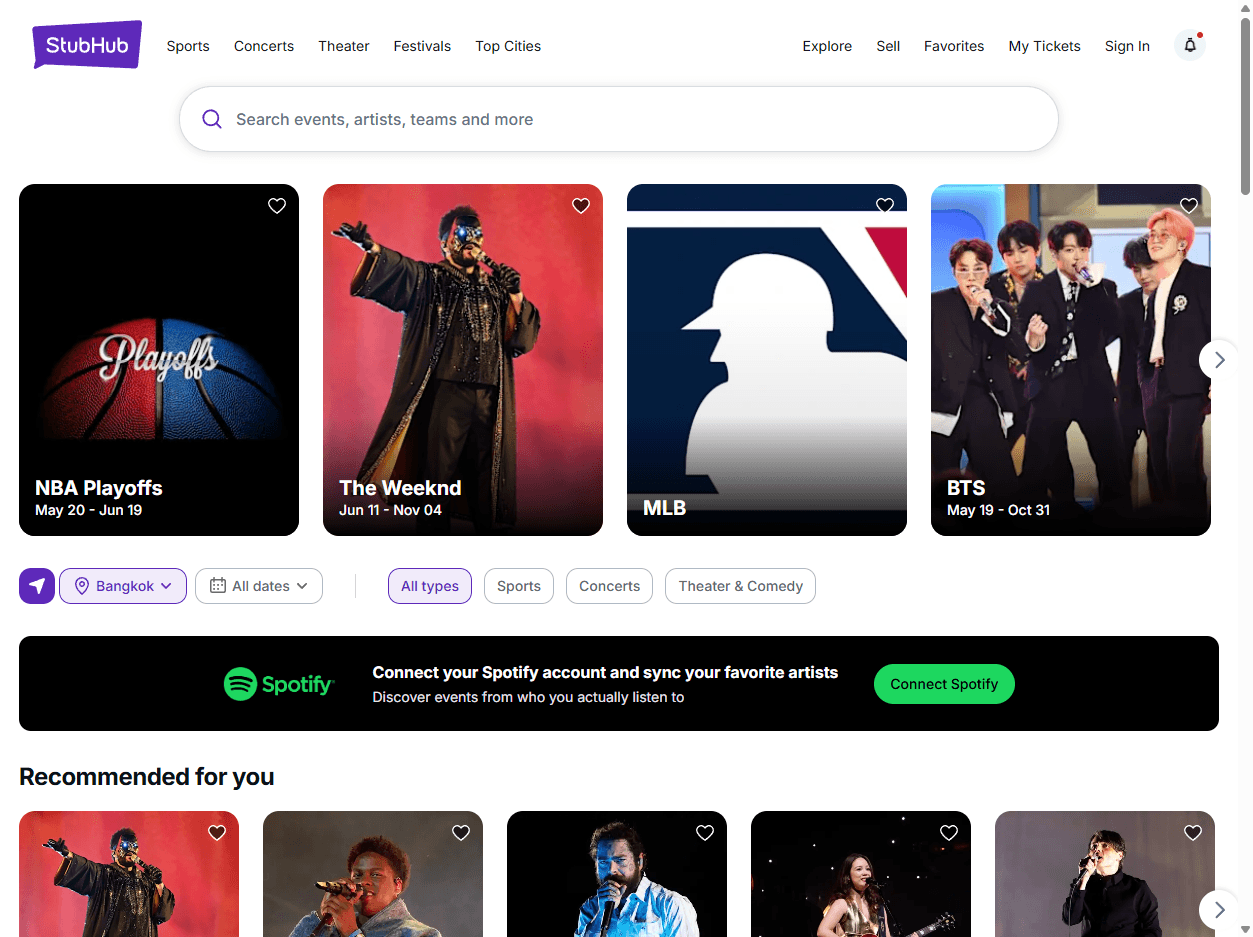 StubHub homepage screenshot showing a ticket marketplace for concerts, sports, theater, festivals, and live event resale.