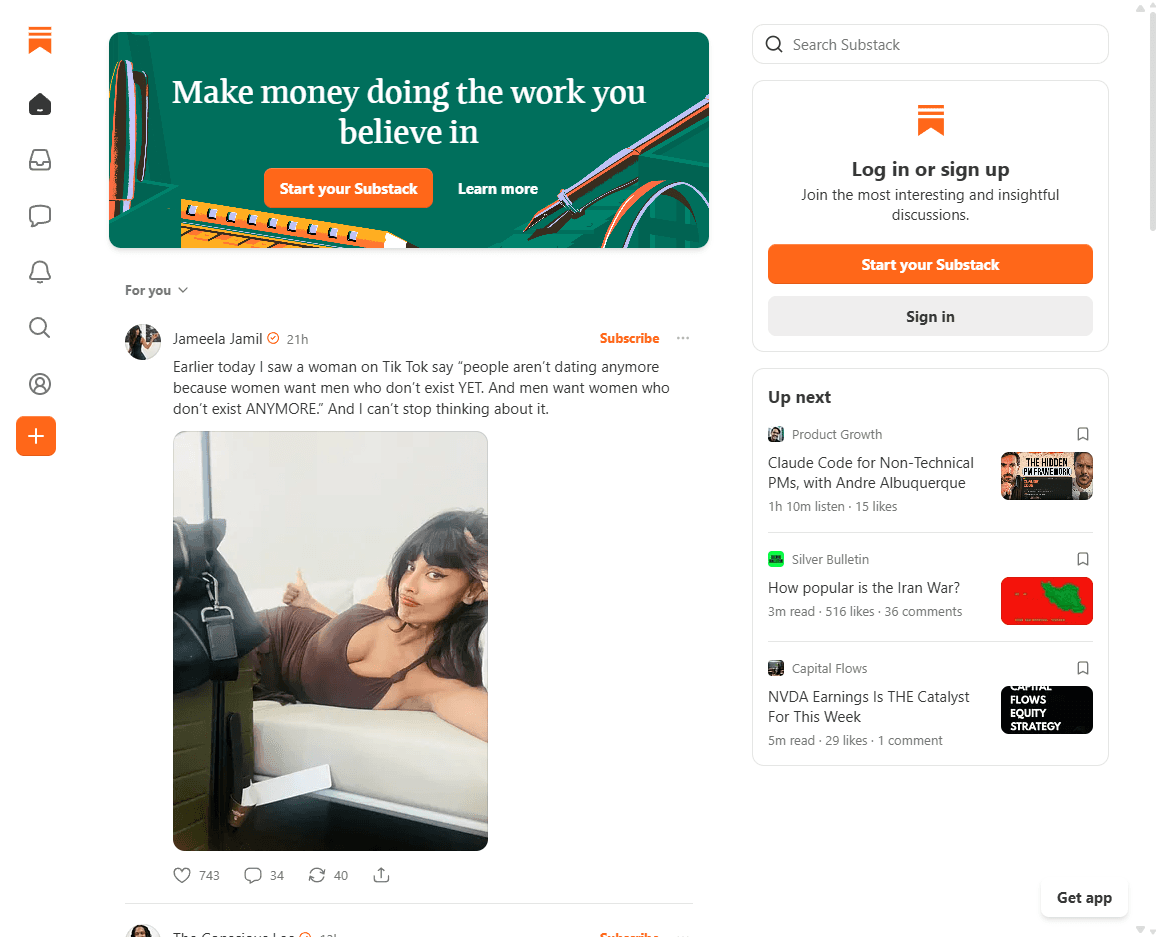 Substack homepage screenshot showing the publishing platform hero, newsletter discovery, and sign-up controls.