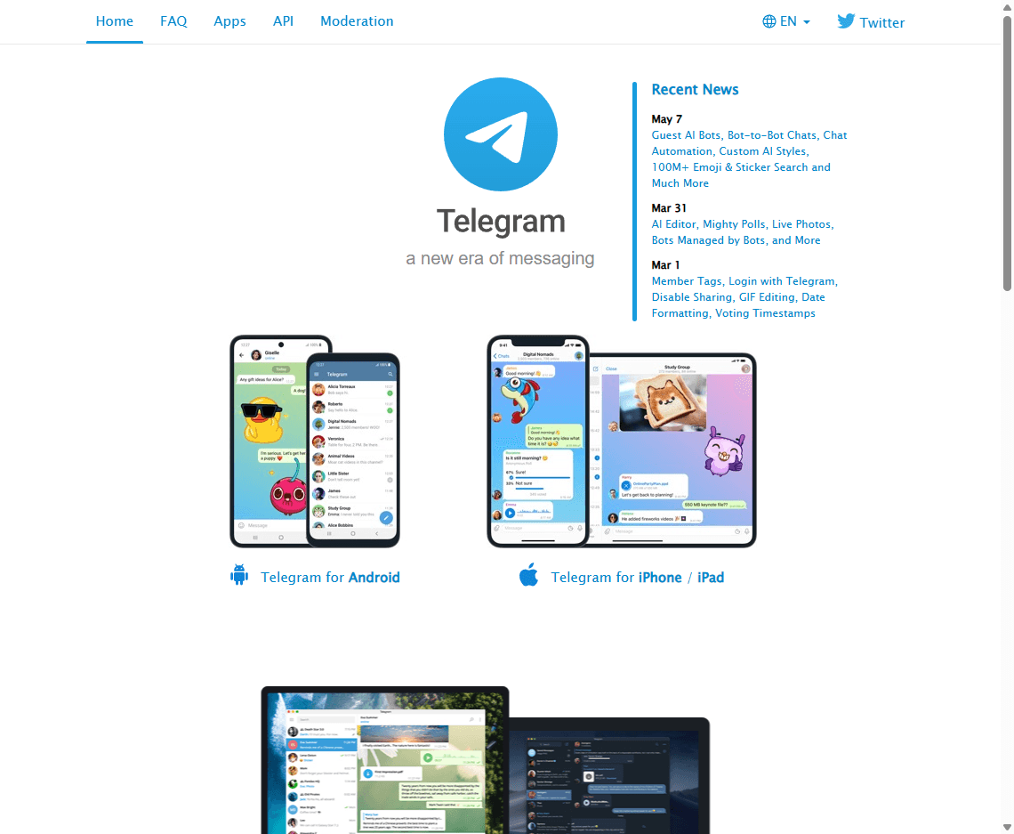 Telegram homepage screenshot showing the messaging app landing page, device preview, and download links.