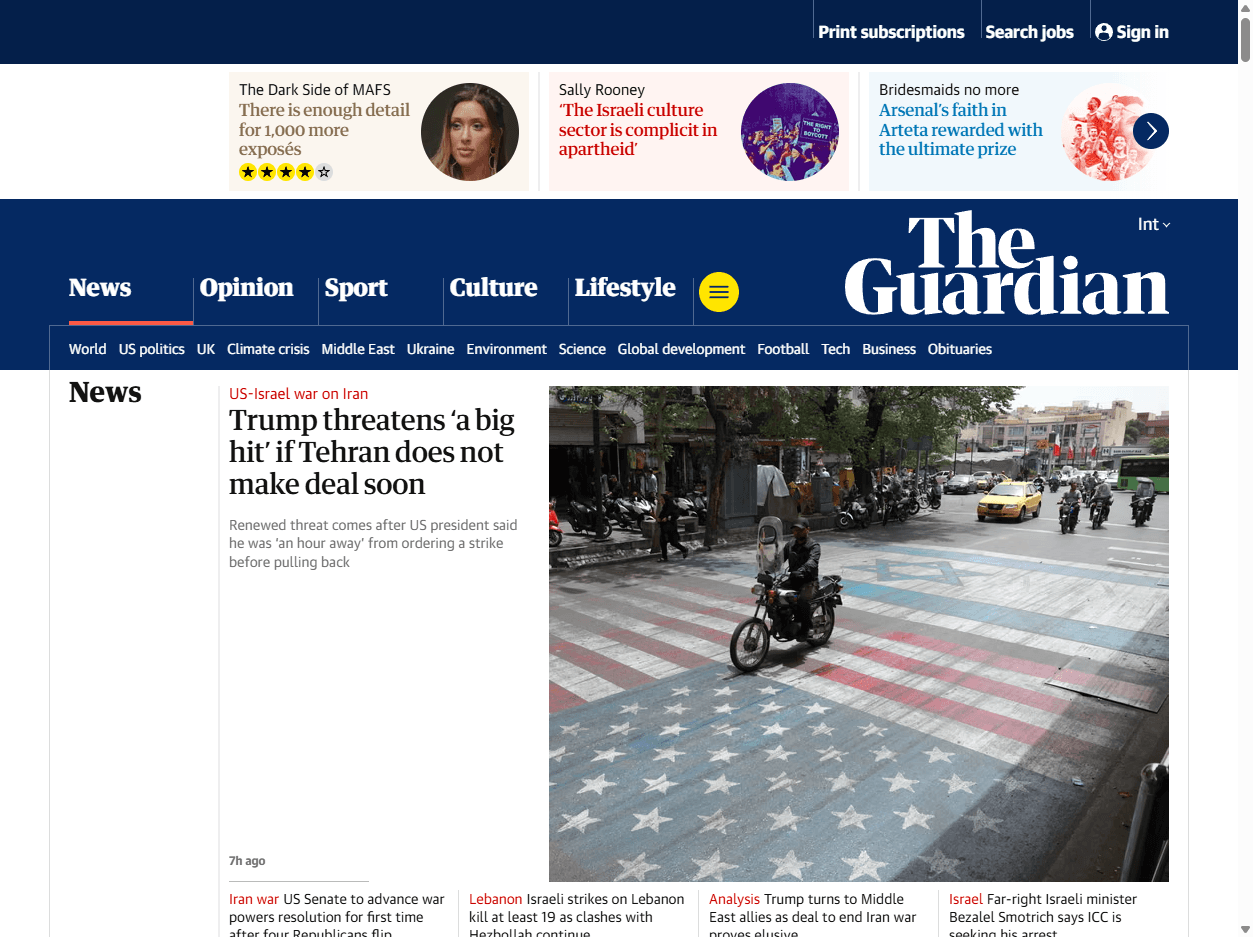 The Guardian homepage screenshot showing news headlines, section navigation, edition controls, and article links on the newspaper website.
