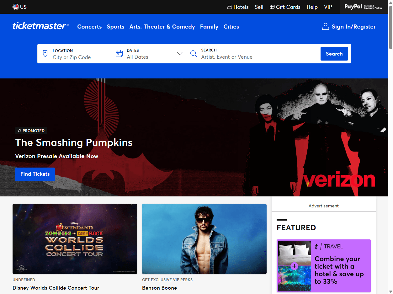 Ticketmaster homepage screenshot showing official ticket sales, event search, concerts, sports, theater, and live entertainment listings.