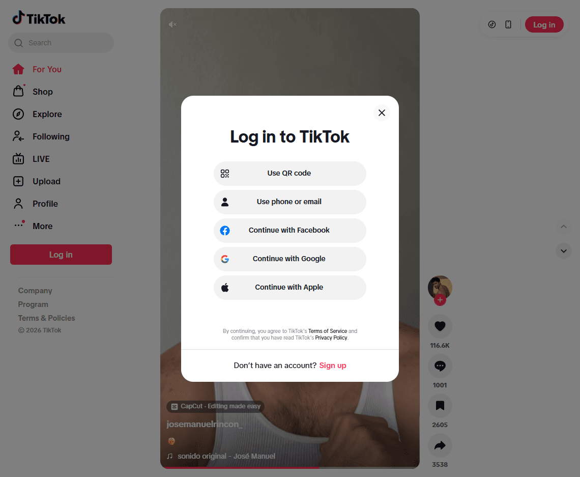 TikTok homepage screenshot showing the short-video feed interface, search bar, and login controls.