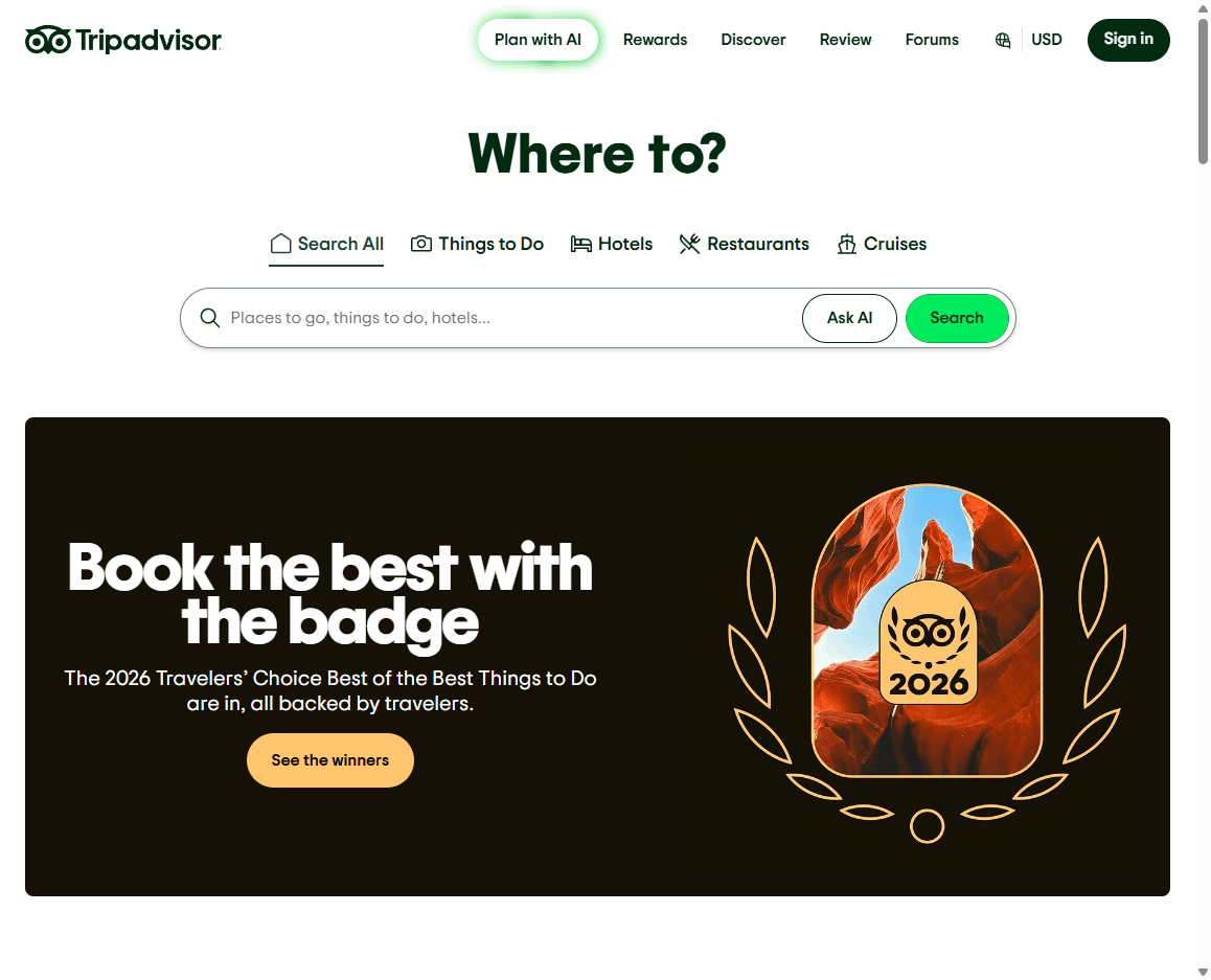 Tripadvisor homepage screenshot showing the travel review platform search, trip planning categories, and navigation.