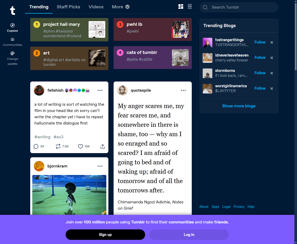 Tumblr homepage screenshot showing the microblogging platform landing page, sign-up controls, and creative community message.