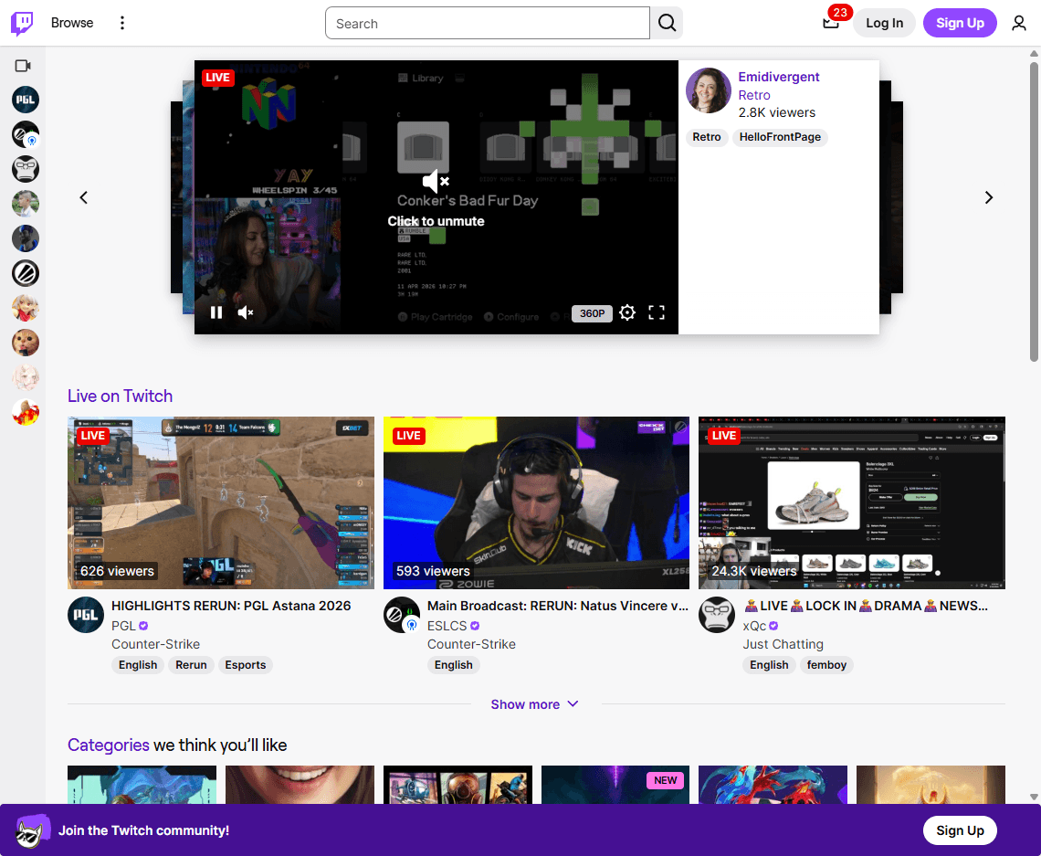 Twitch homepage screenshot showing the livestreaming platform interface, search bar, and channel recommendations.