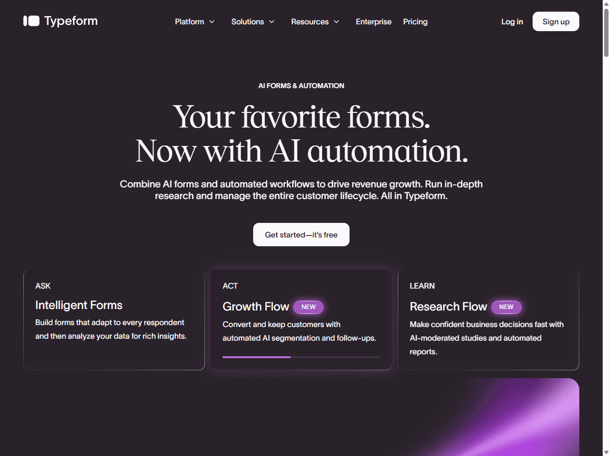 Typeform homepage screenshot showing interactive form, survey, and quiz creation messaging for online data collection.