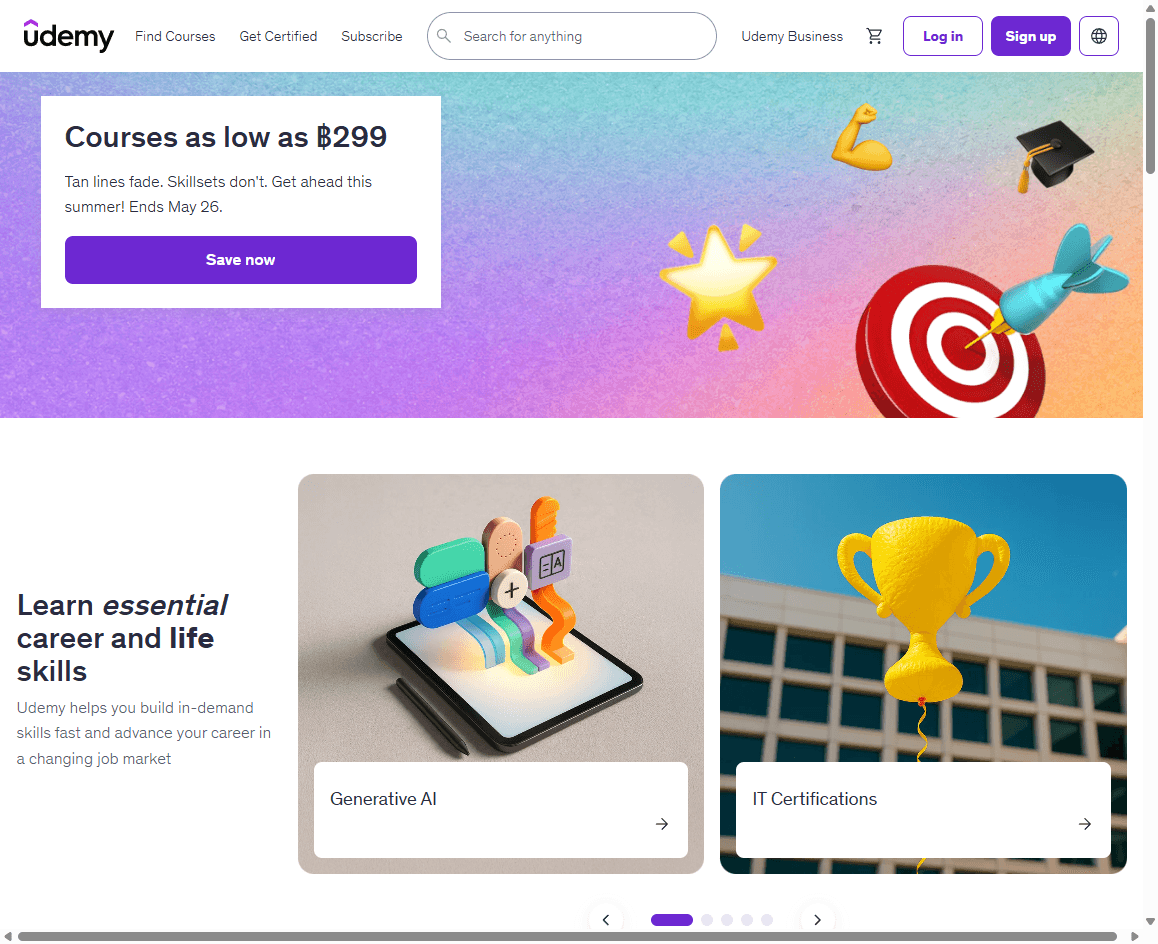 Udemy homepage screenshot showing the online course marketplace search, category navigation, and learning promotion.