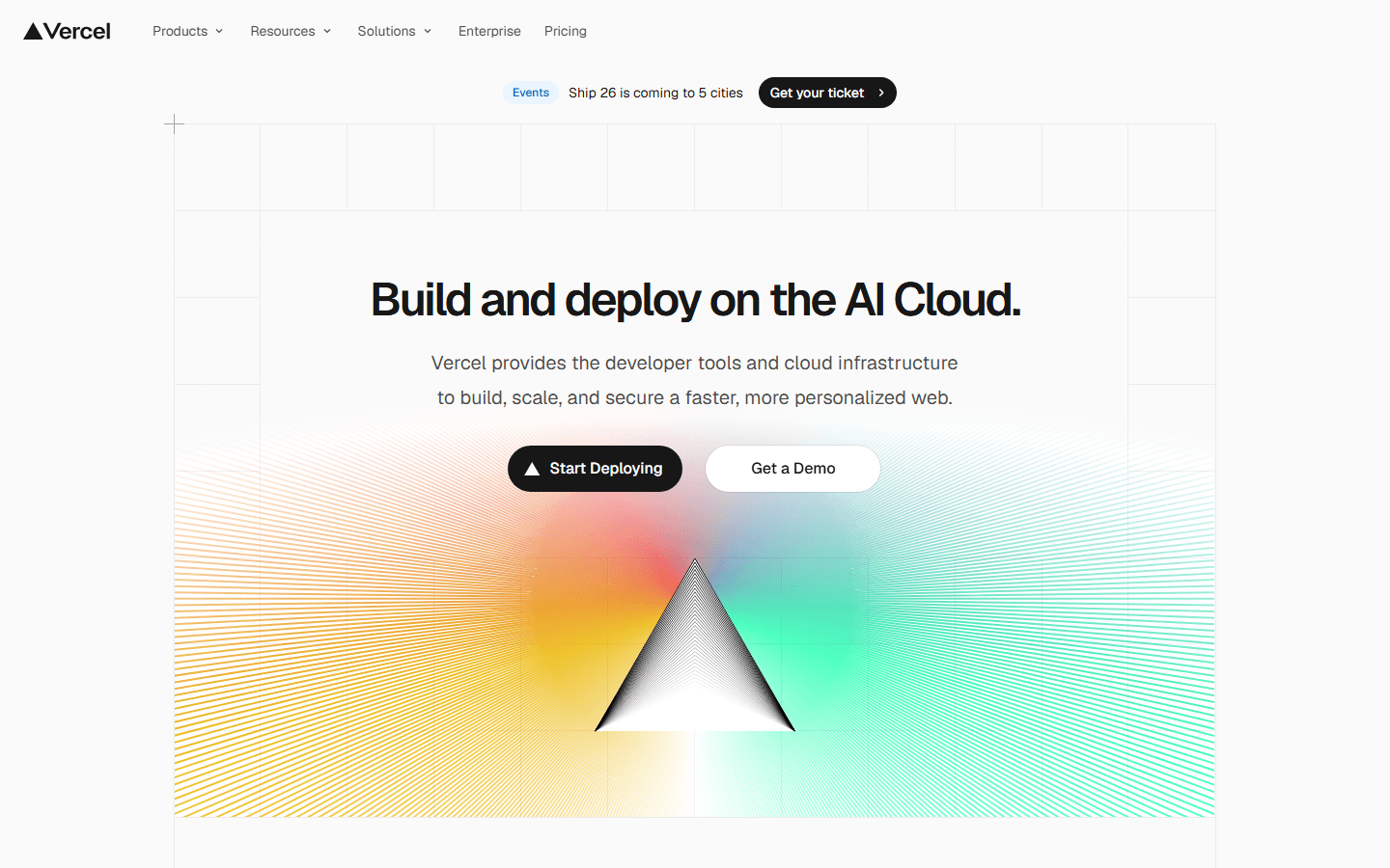 Vercel homepage screenshot showing the Build and deploy on the AI Cloud headline, Start Deploying button, and Vercel triangle graphic.