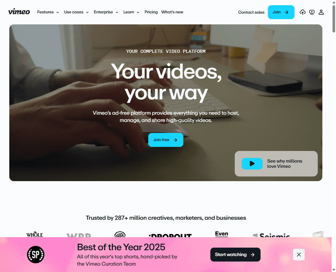 Vimeo homepage screenshot showing the video platform hero, product navigation, and creation tools message.