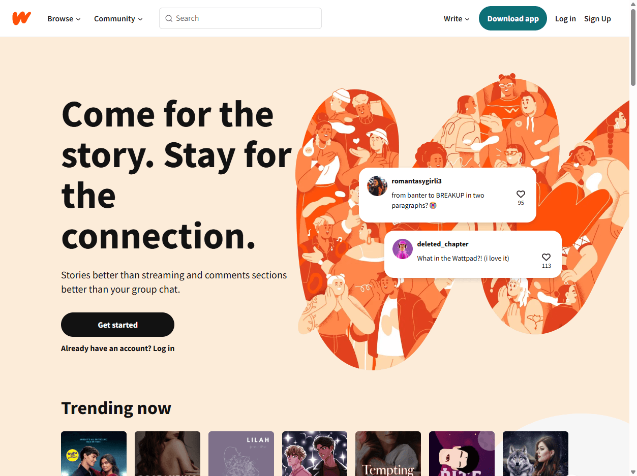 Wattpad homepage screenshot showing online stories, reading communities, writer publishing tools, fiction discovery, and serialized storytelling.