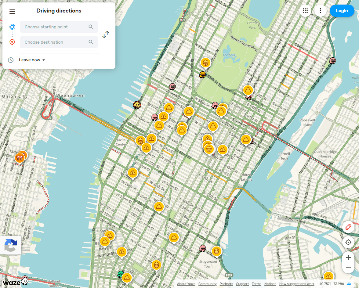 Waze homepage screenshot showing navigation, traffic, and driver-focused interface imagery.