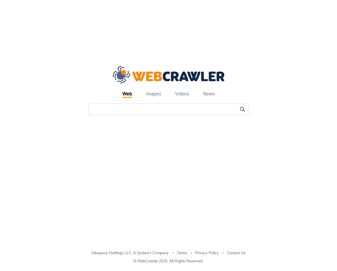 WebCrawler homepage screenshot showing the WebCrawler logo, search box, and category tabs.