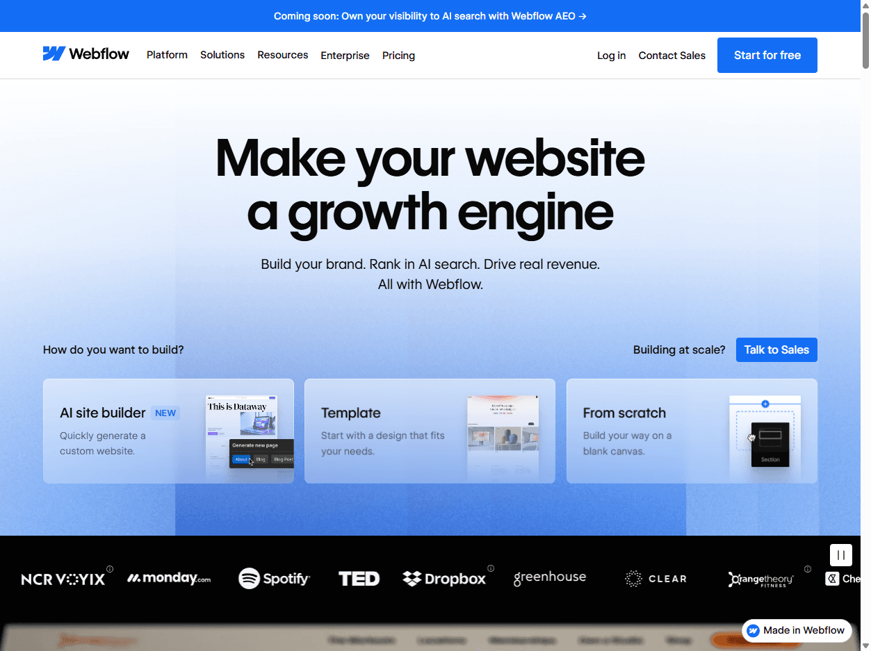 Webflow homepage screenshot showing a visual website builder and CMS platform for design, content, hosting, and business websites.