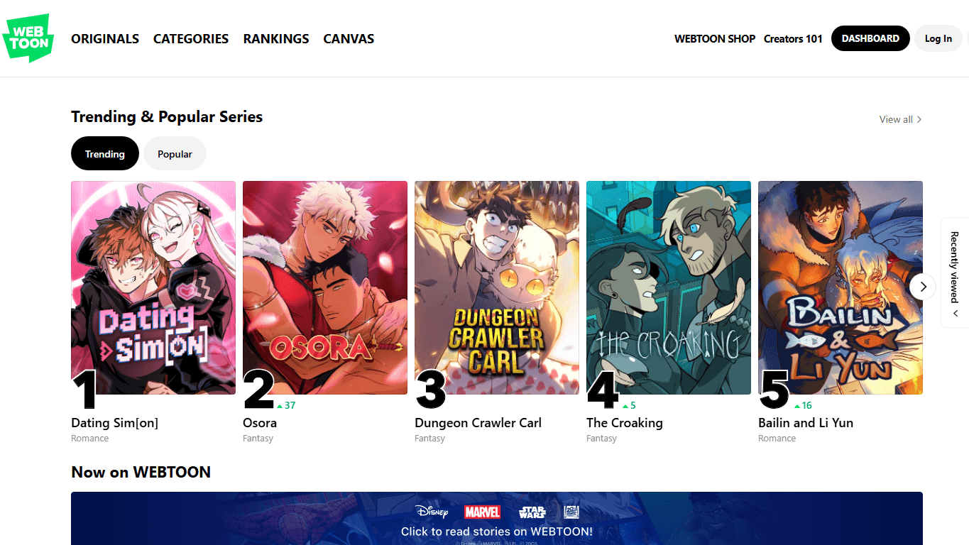 WEBTOON homepage screenshot of the official website interface