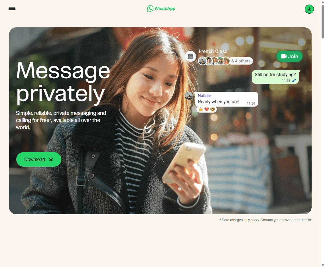WhatsApp homepage screenshot showing the messaging service hero, download controls, and chat privacy message.