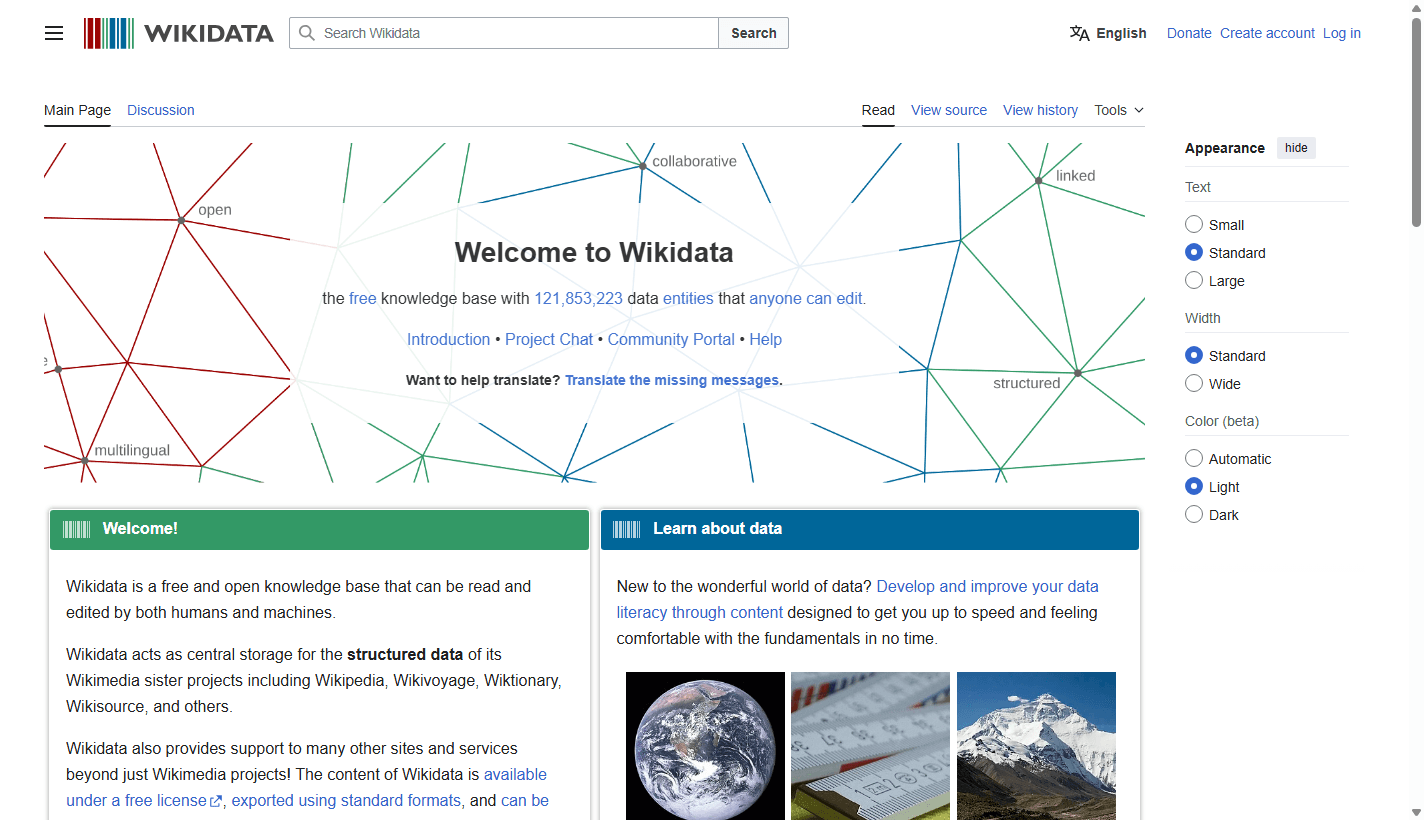 Wikidata homepage screenshot showing the search bar, welcome message, free knowledge base description, data entity count, and structured data panels.