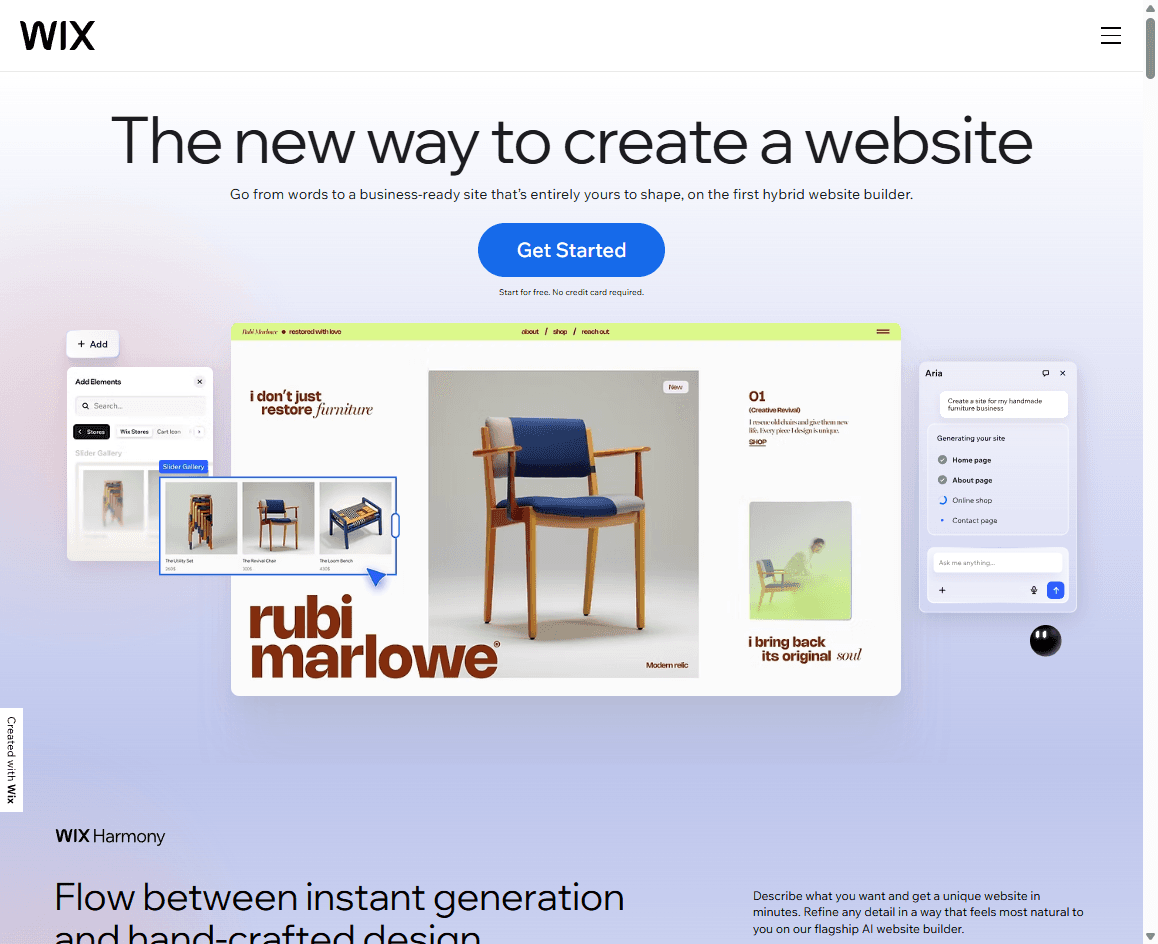 Wix homepage screenshot showing the website builder hero, navigation, and start controls.