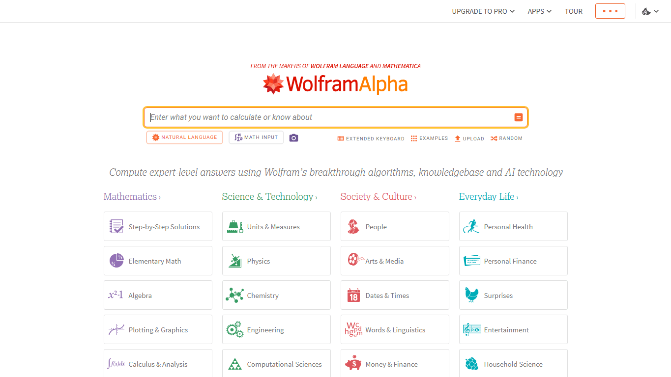 Wolfram Alpha homepage screenshot of the official website interface