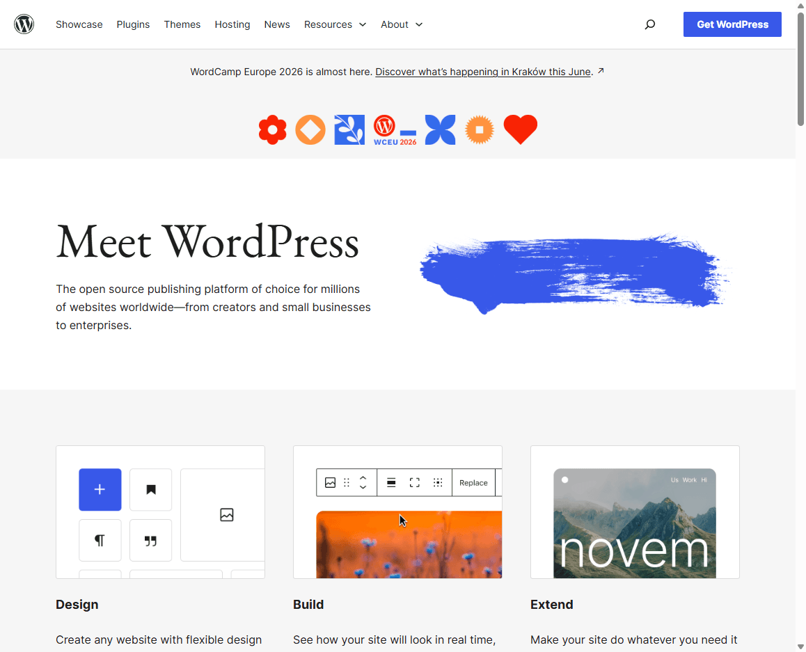 WordPress homepage screenshot showing the publishing platform hero, navigation, and site-building message.