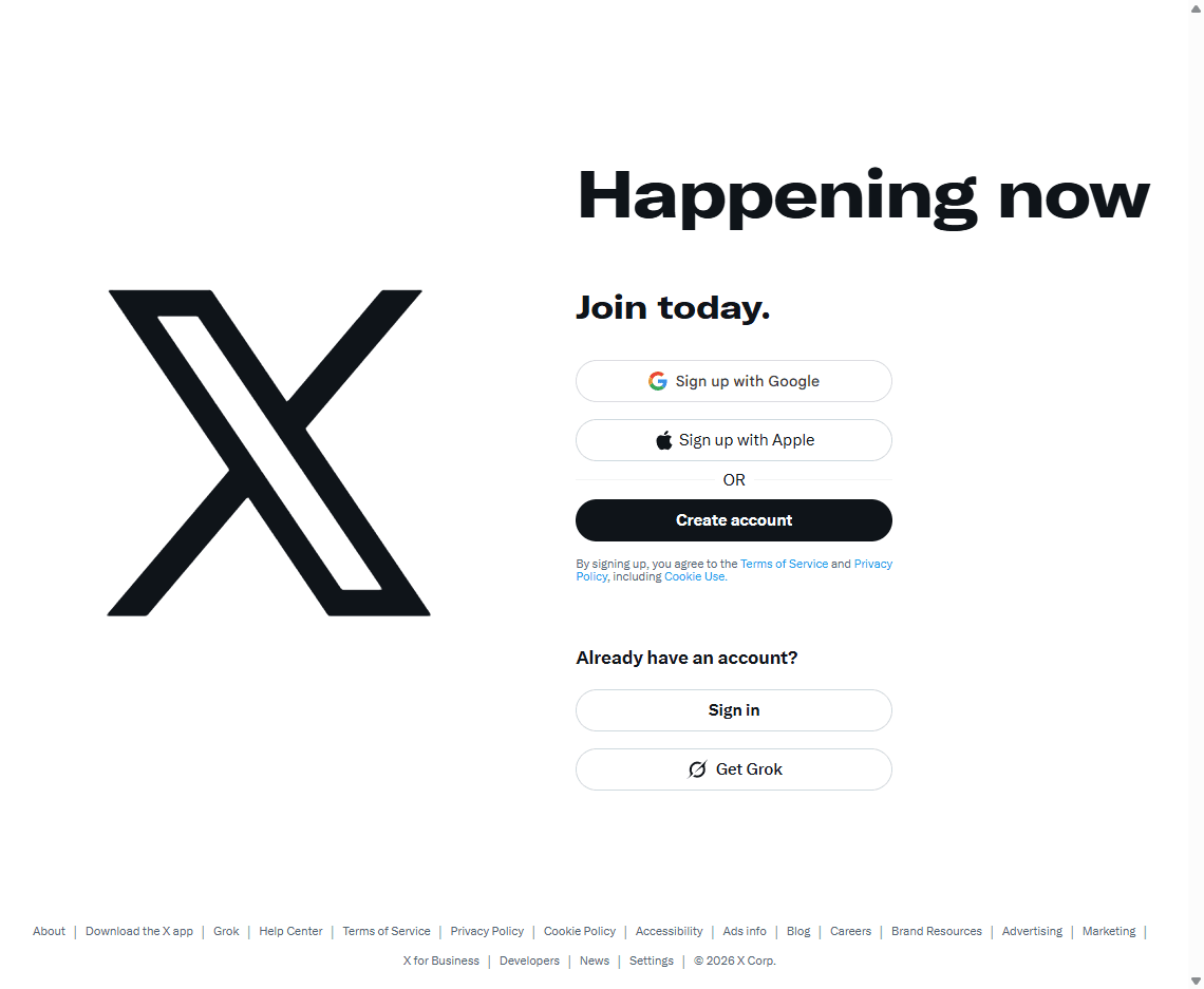 X homepage screenshot showing the X logo, sign-up options, and login controls.