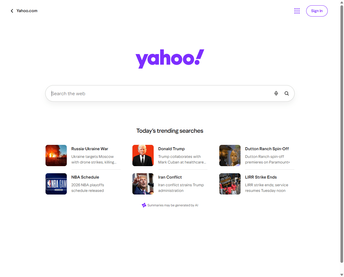 Yahoo Search homepage screenshot showing the Yahoo logo, search box, and trending search links.