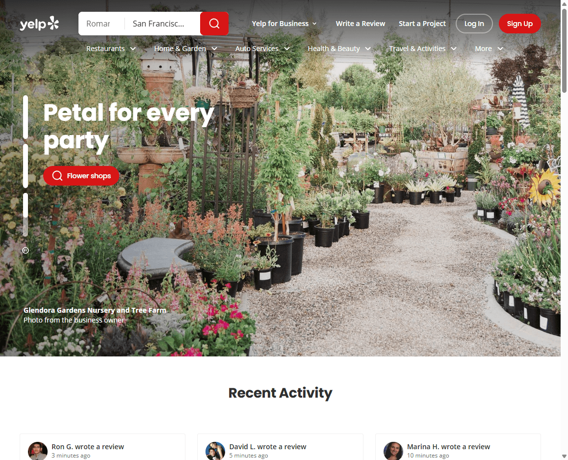 Yelp homepage screenshot showing the local review platform search, service categories, and business discovery interface.