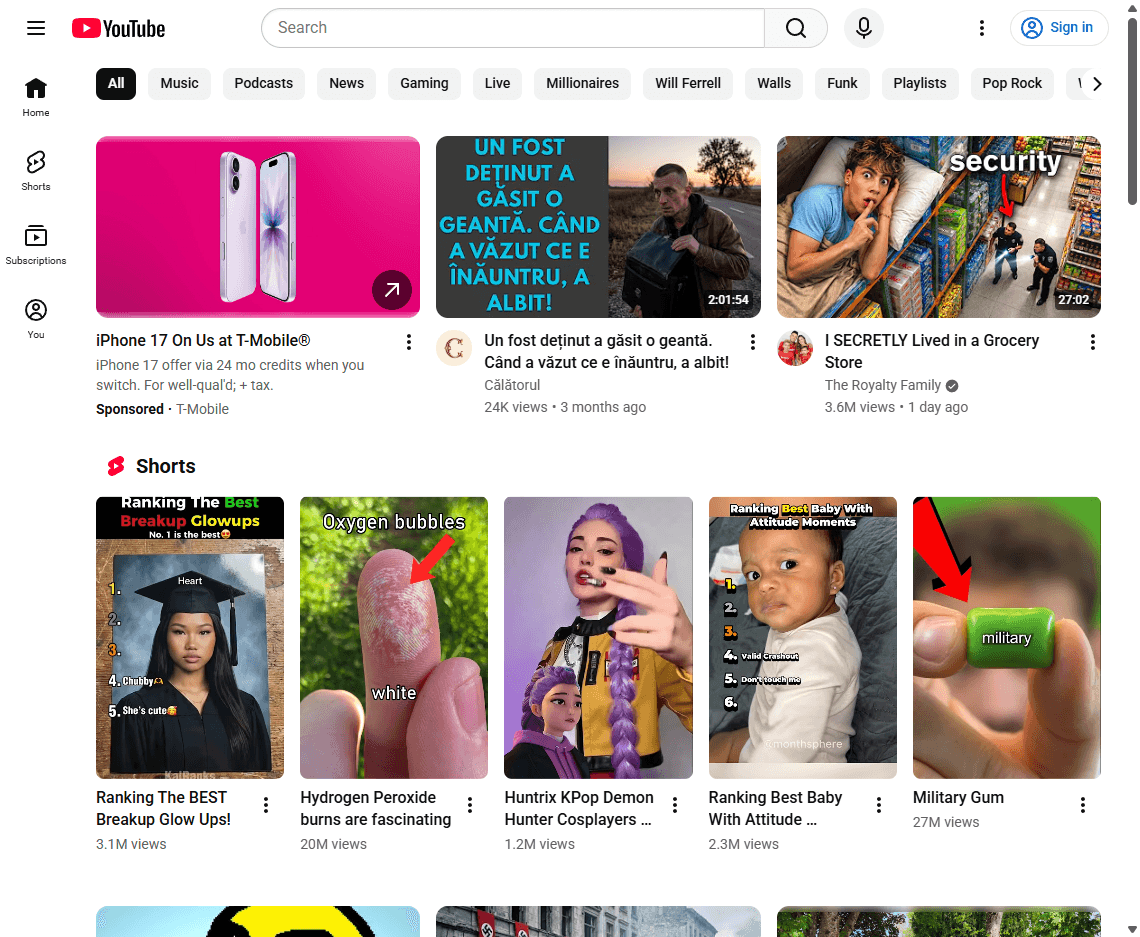 YouTube homepage screenshot showing the video platform interface, search bar, navigation rail, and video feed.